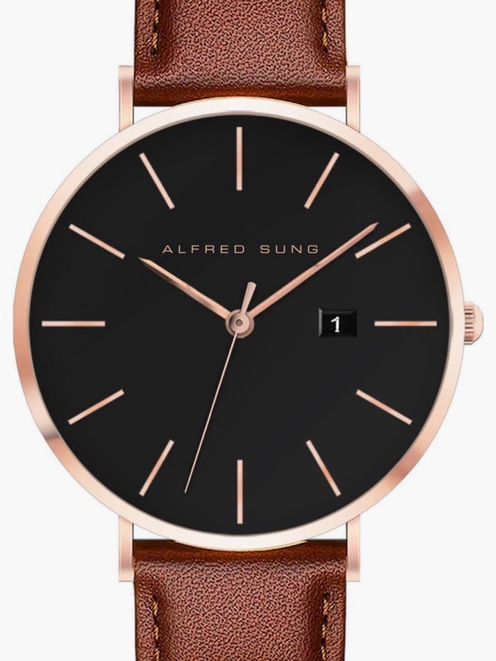 ALFRED SUNG Black Dial Watch with Rose Gold Accents and Brown Strap